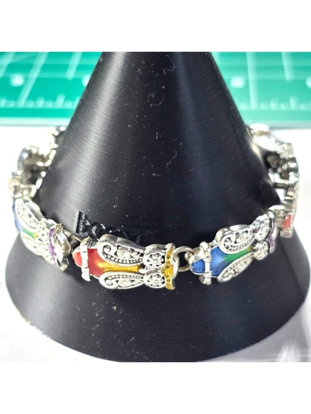 Silver Tone Owl Bracelet Enamel Accents Magnetic Clasp Rainbow Animal Jewelry